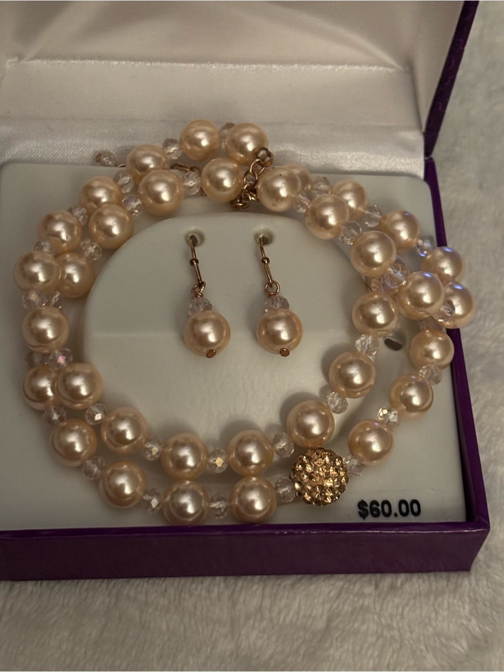 Genuine Mother of Pearl and Crystal Drop Necklace & Earring Set - Champagne